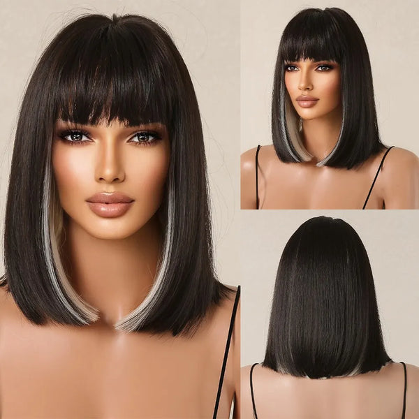 Black White Highlight Short Bob Wig with Bangs – Stylish Synthetic Hair for Women